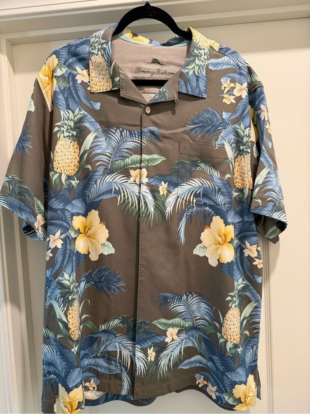 Tommy Bahama Brown Hawaiian Camp Shirt with Blue & Yellow Tropical Print